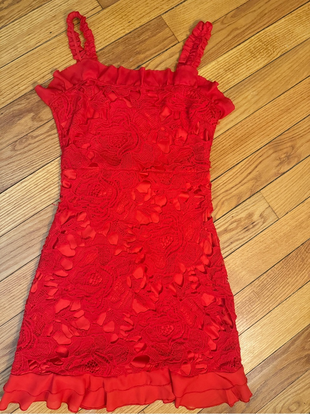 Lulus Women's Red Lace Mini Dress with Ruffled Trim